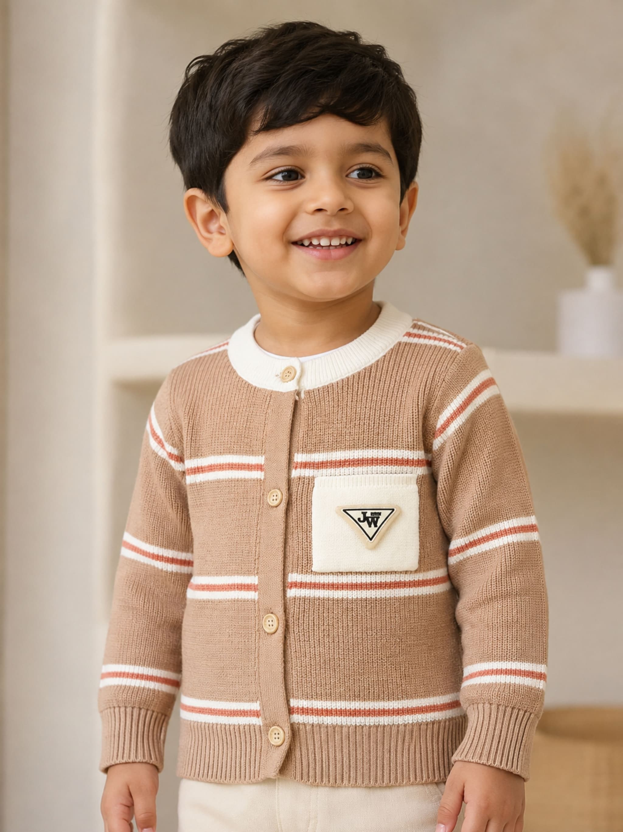 Peppy Orange Kids Cotton Wool Blend Knitted Full Sleeve Cardigan Sweater | Round Neck Button-Front Striped Winter Wear