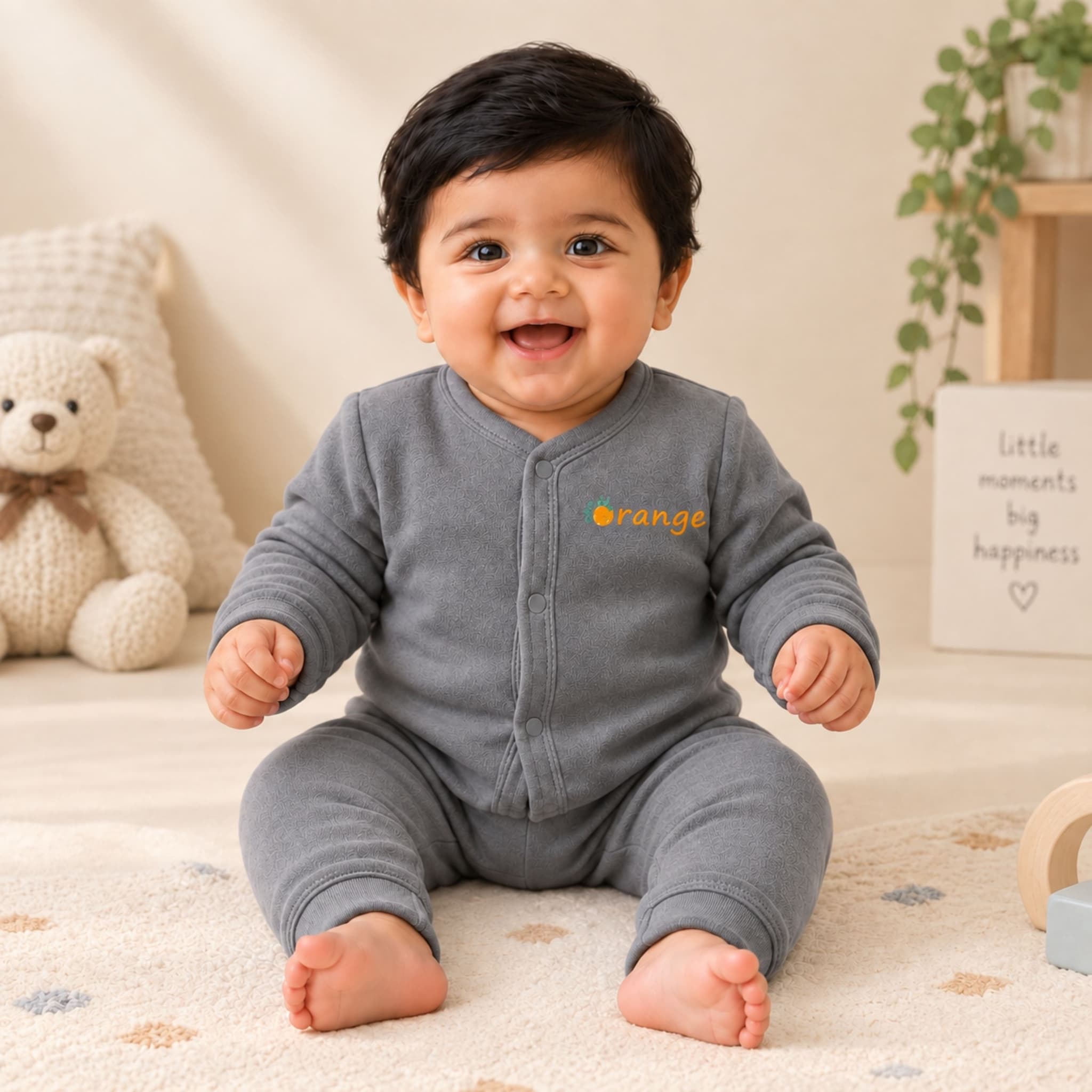 Peppy Orange Kids Thermal Set for Boys & Girls | Winter Wear Innerwear Set | Ultra-Soft Cotton Warm Thermal Top & Bottom| Grey