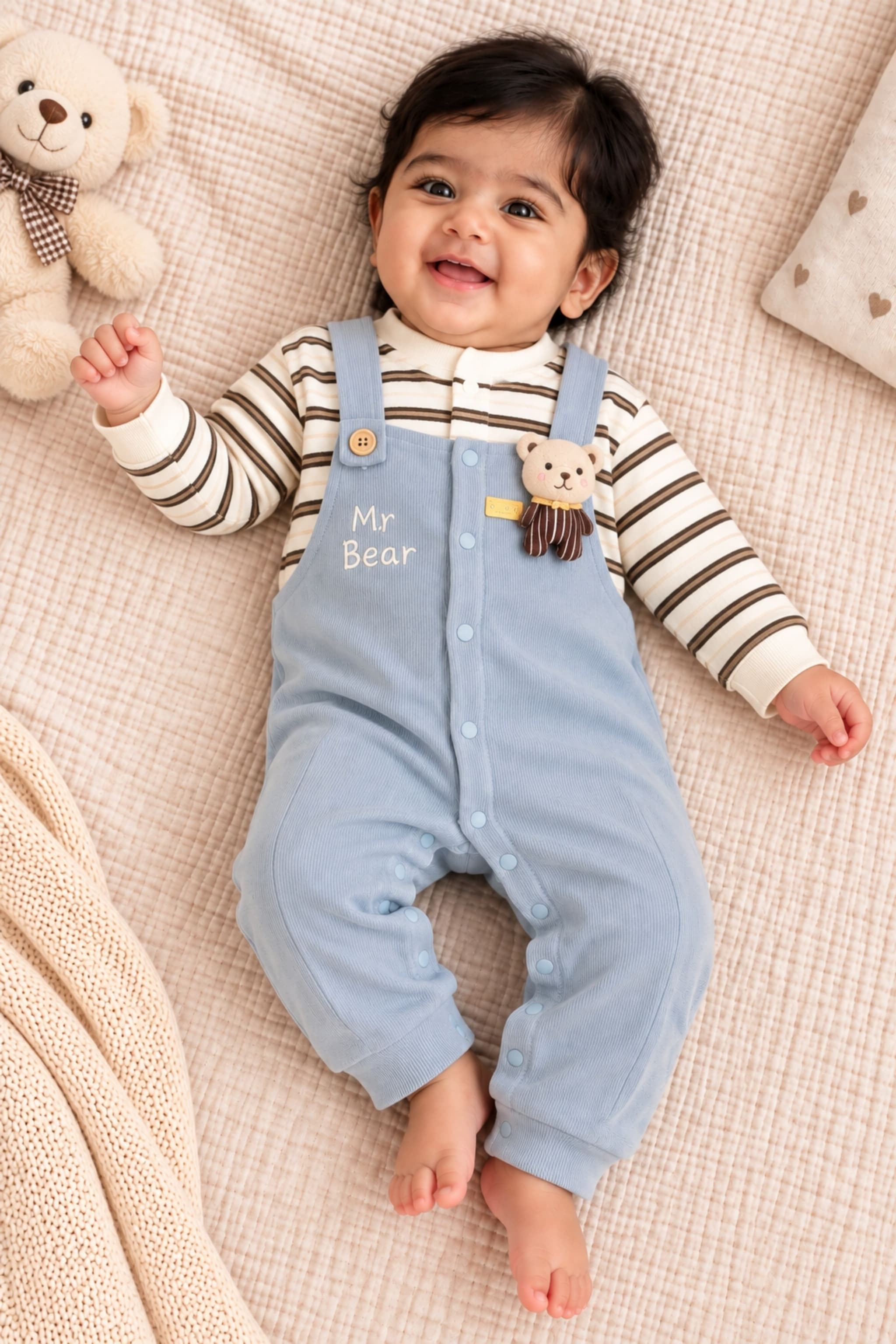 Peppy Orange Baby Dungaree Set Blue | Unisex Baby Romper Set with Striped Full Sleeve Top | Soft & Comfortable | Cotton Wool Blend