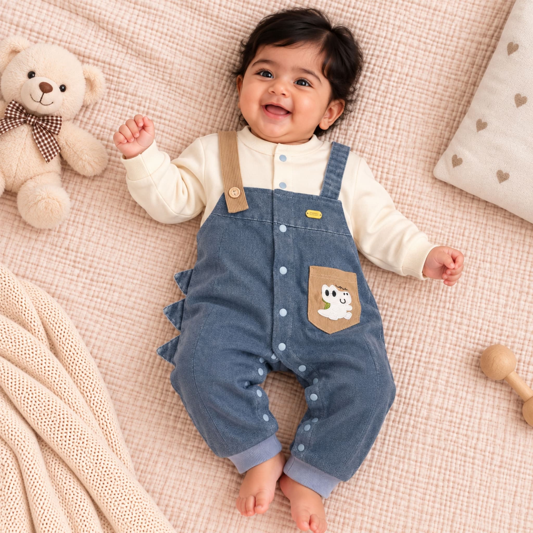 Peppy Orange Unisex Baby Dungaree Set with Full Sleeve Top & Dino Pocket | Cute Comfortable Outfit for Infants | Cotton Wool Blend