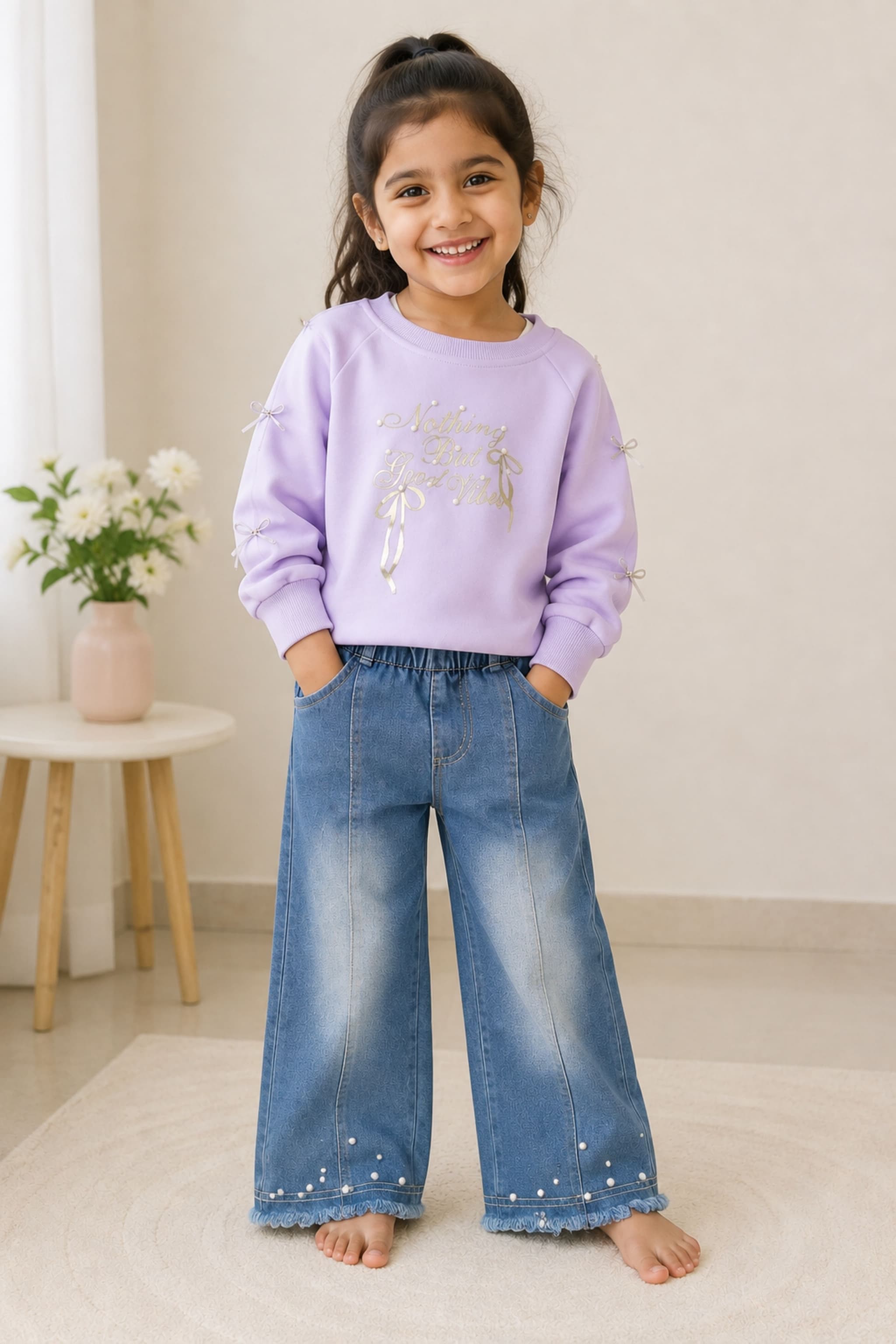 PEPPY ORANGE Girls Sweatshirt and Wide Leg Jeans Cotswool Set | Lavender & Blue