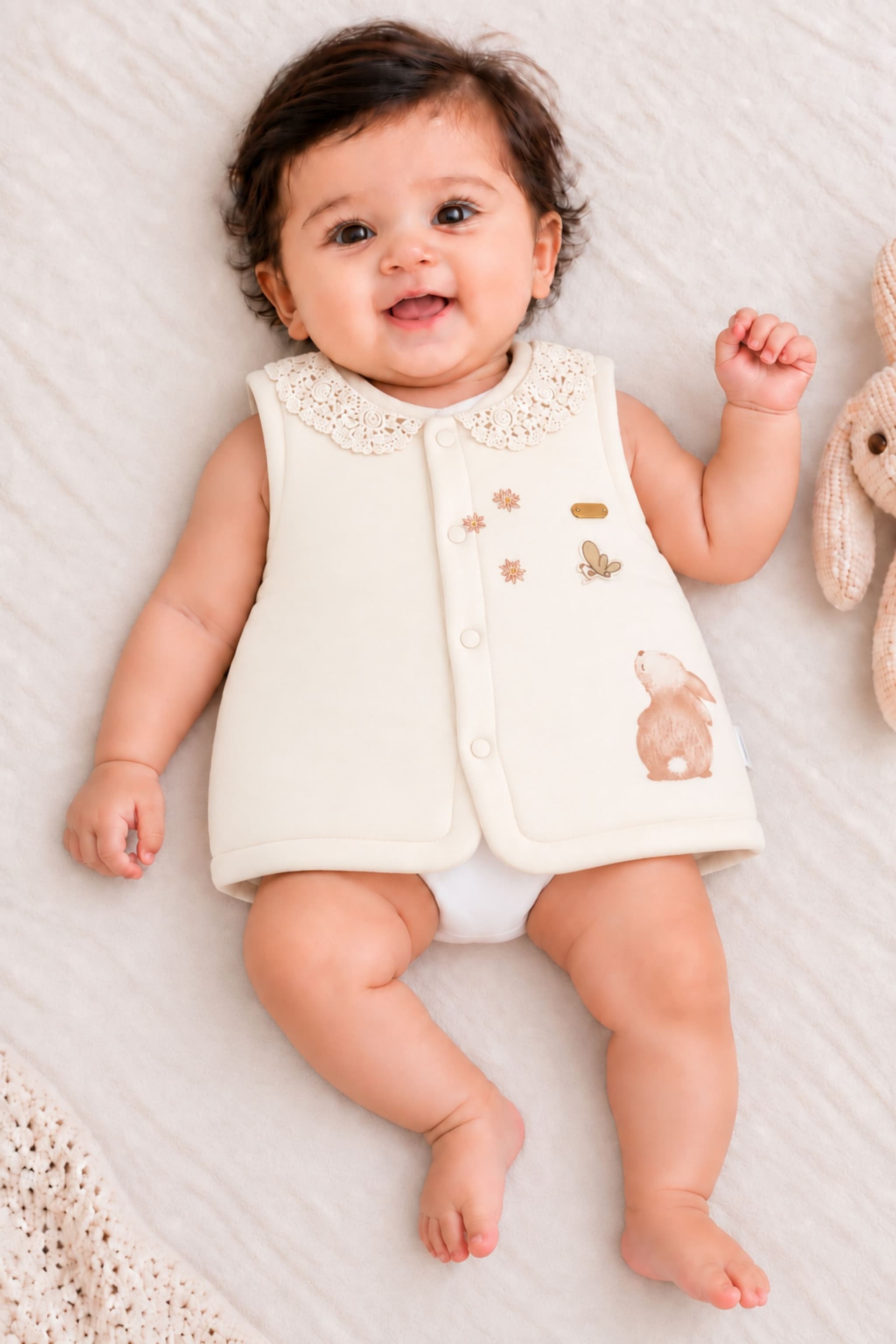 Peppy Orange Baby Girls Cotton Cream Sleeveless Winter Vest with Lace Collar