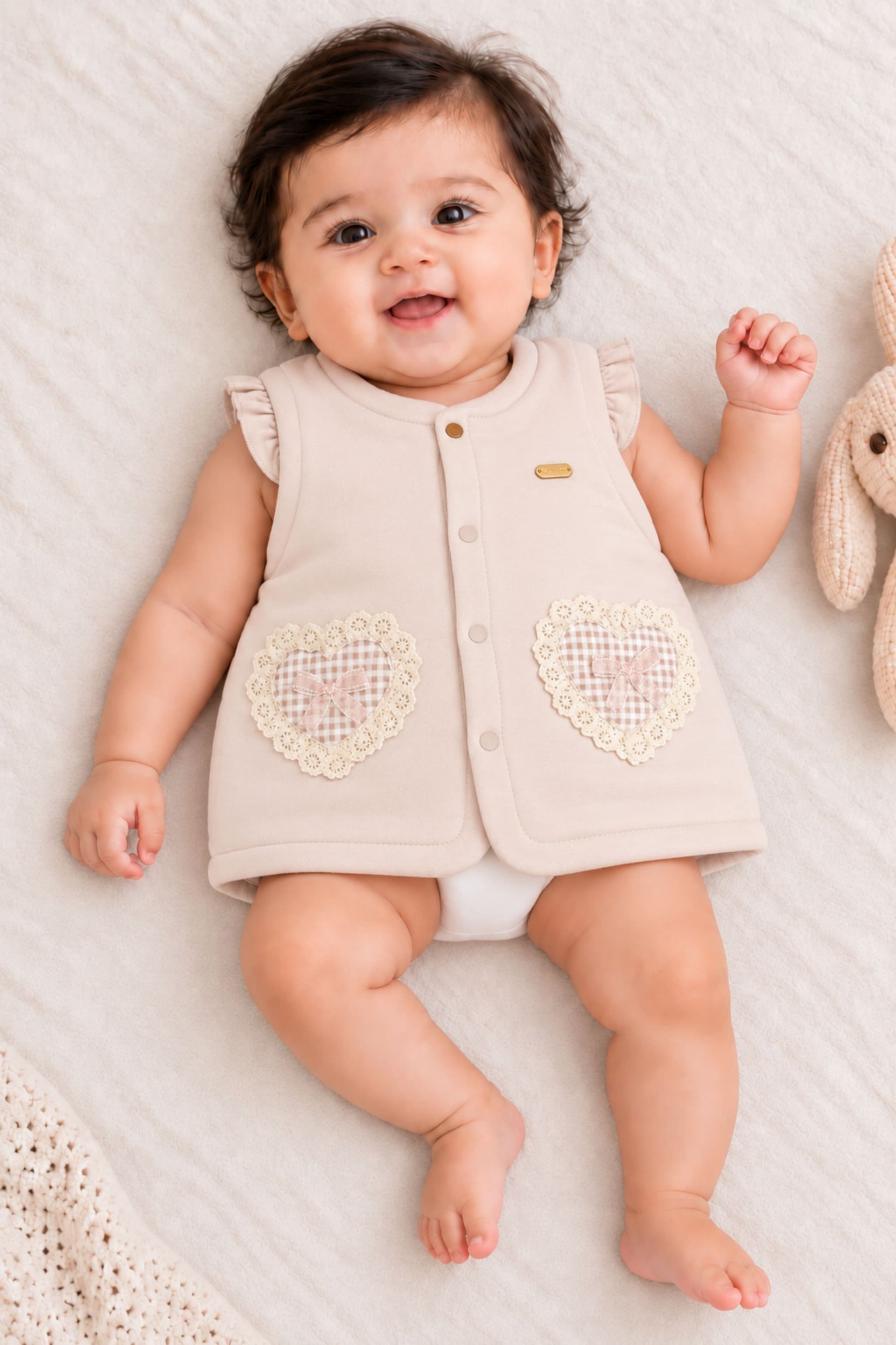 Peppy Orange Baby Girls Cotton Pink Sleeveless Winter Vest with Ruffle Sleeves & Heart Pockets