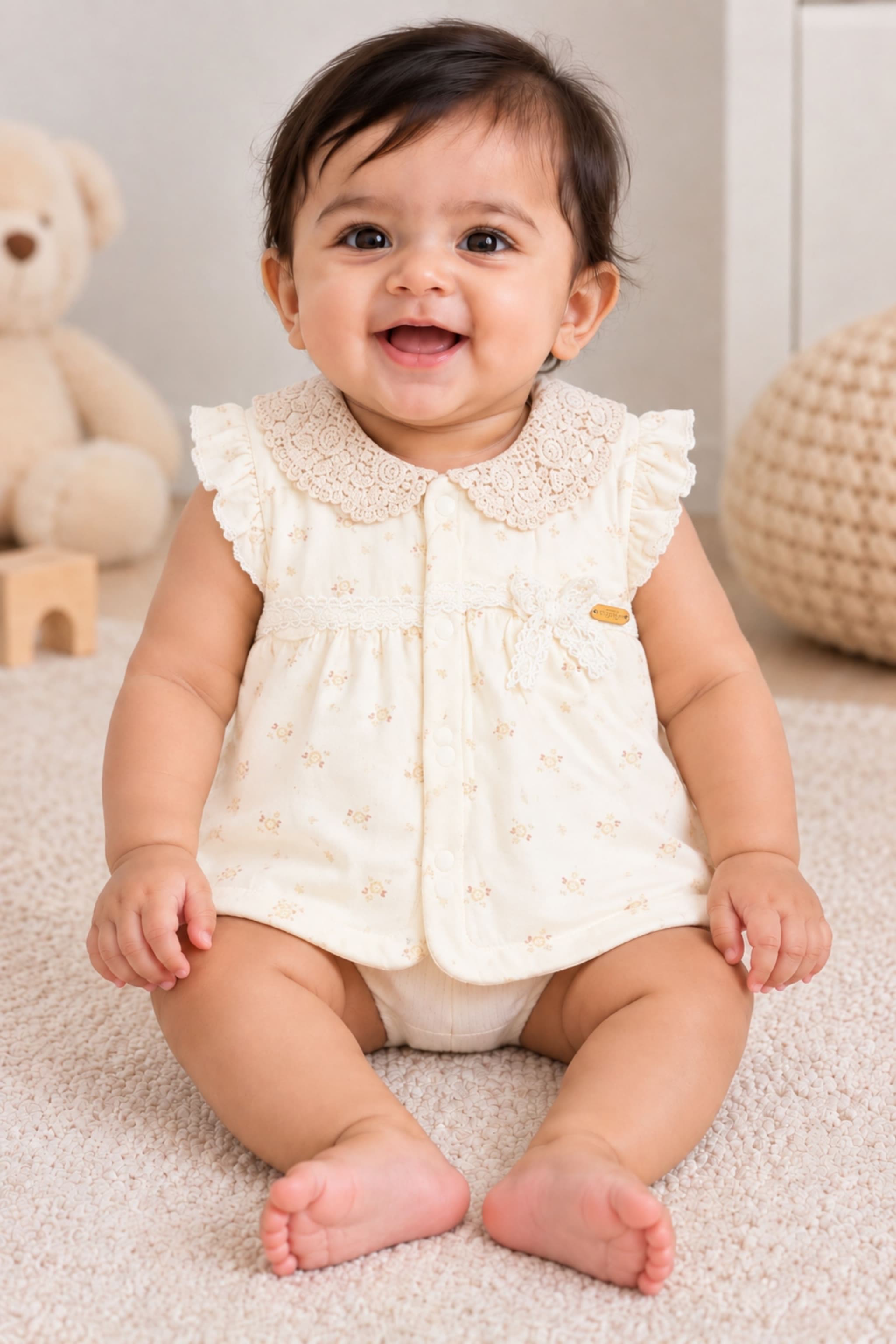 Peppy Orange Baby Girls Off-White Cotton Sleeveless Top with Lace Collar & Ruffle Sleeves