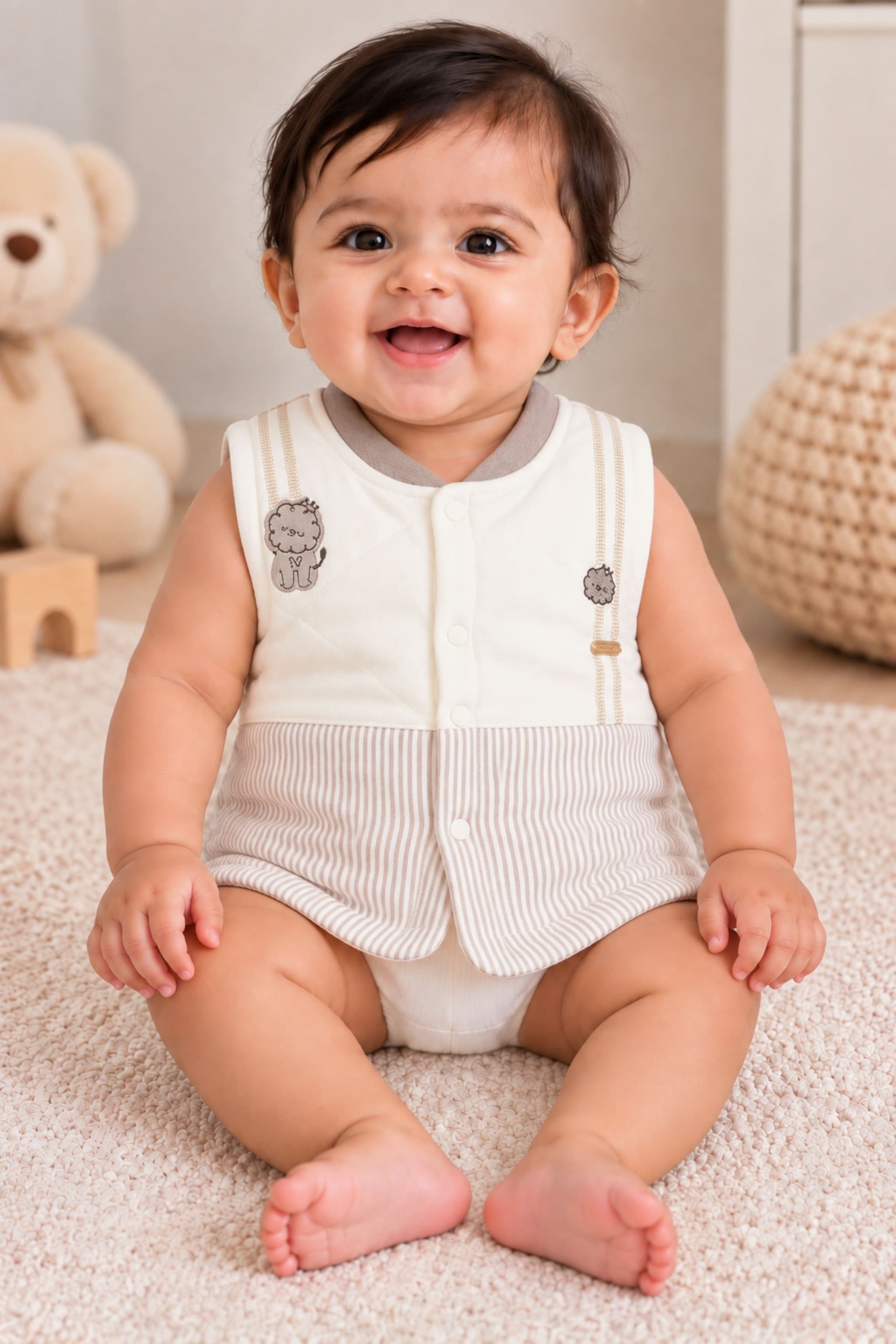 Peppy Orange Unisex Baby Cotton Sleeveless Jacket in Skin Colour & Off White with Sheep Embroidery