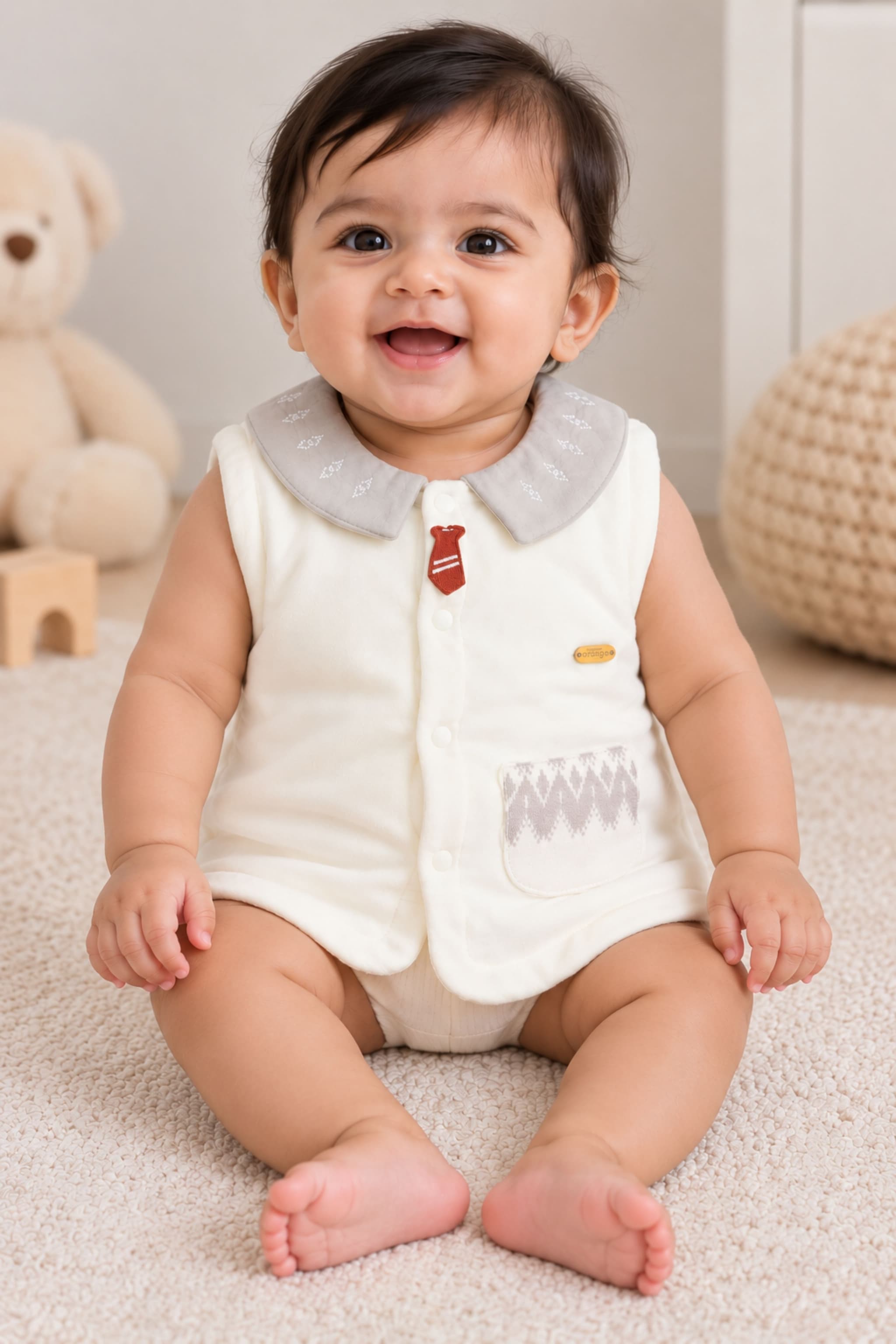 Peppy Orange Unisex Baby Cotton Sleeveless Jacket with Grey Collar, Red Tie & Printed Pocket