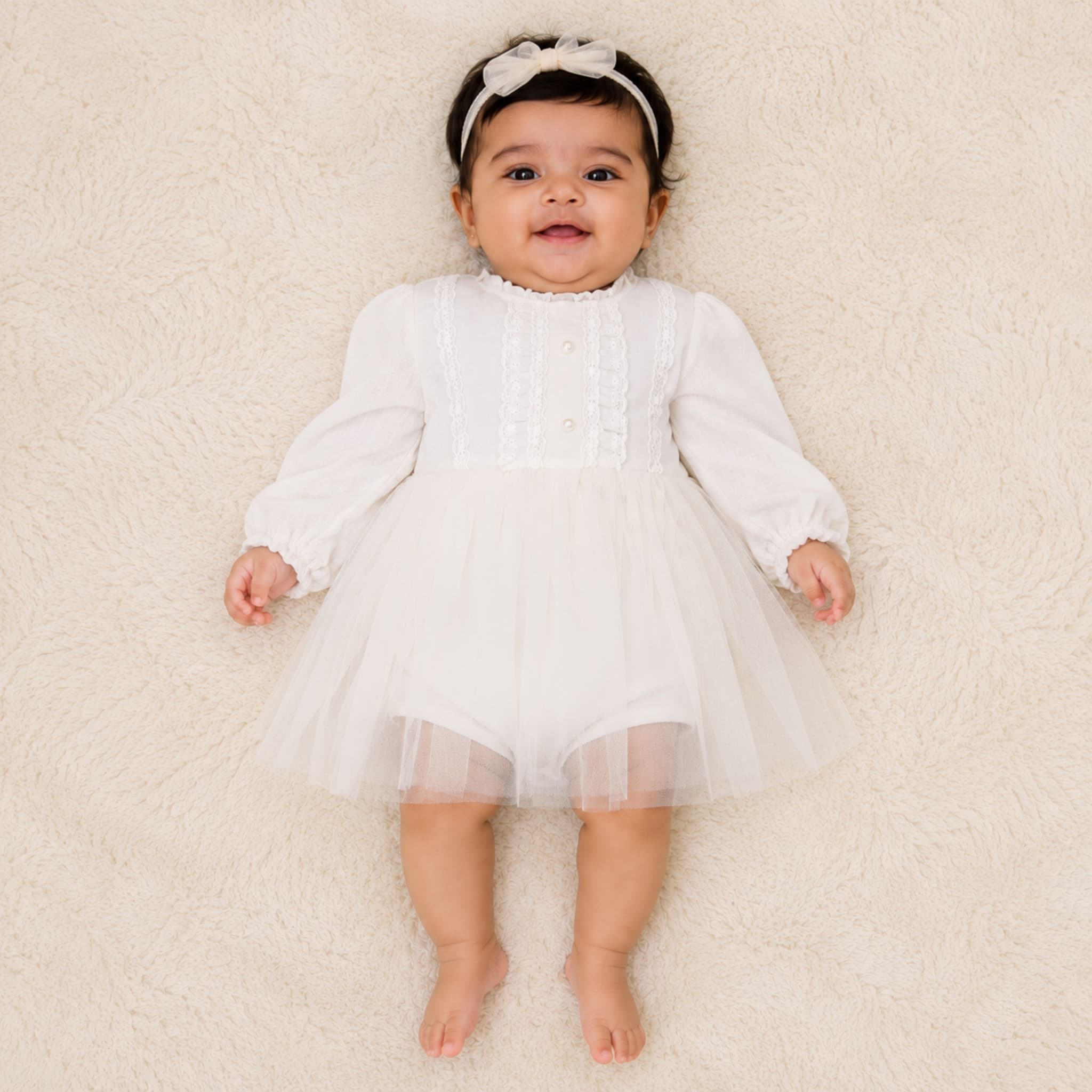 PEPPY ORANGE Baby Girls White Lace Tulle Party Dress with Inner Romper | Full Sleeve Frock