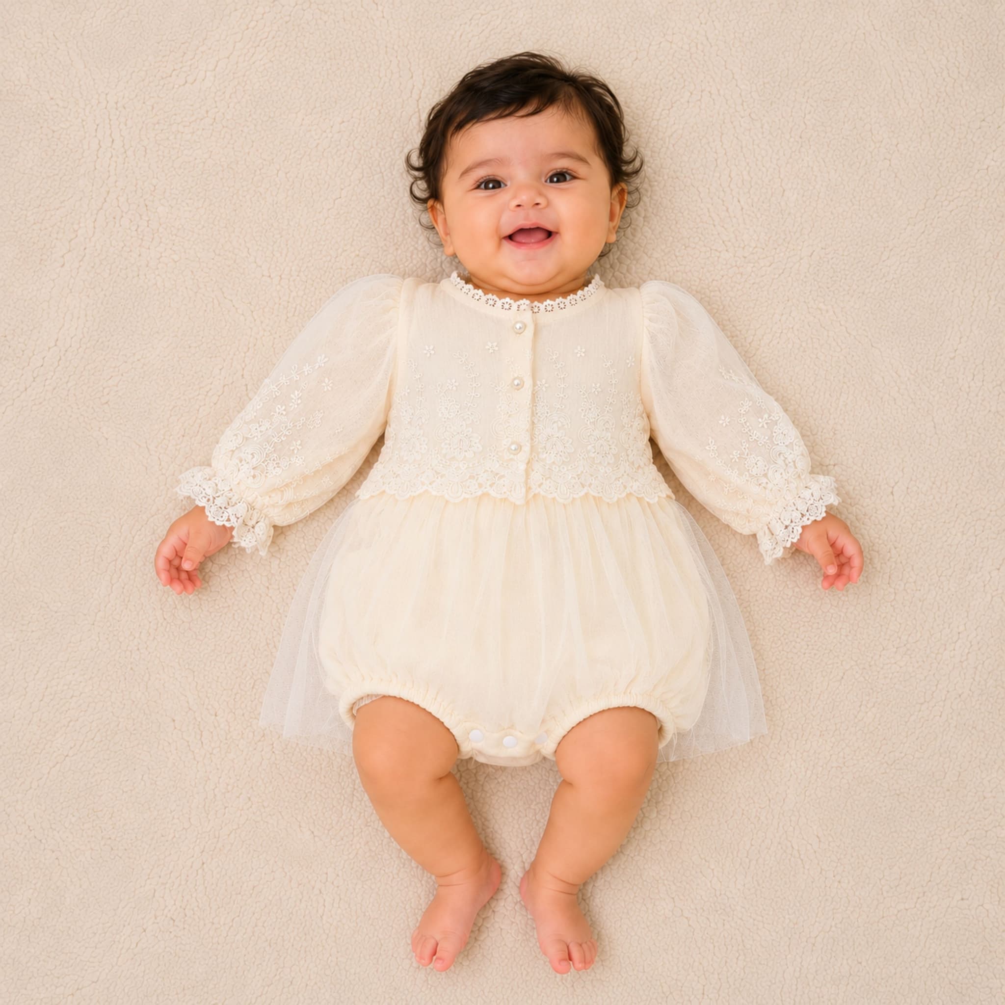 PEPPY ORANGE Baby Girls Cotton Beige Tulle Party Dress with Attached Inner Romper | Full Sleeve Lace Frock