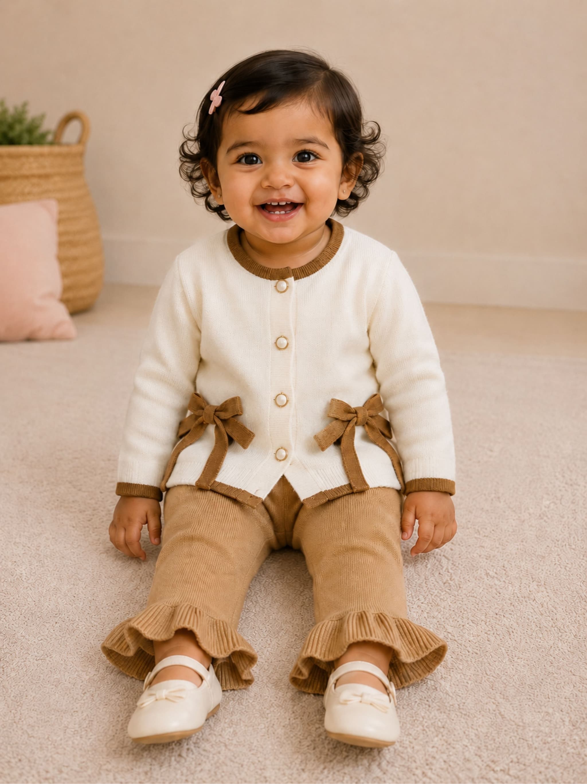 PEPPY ORANGE Baby Girls Cream Knitted Cardigan with Beige Ruffle Pants | 2-Piece Winter Clothing Set