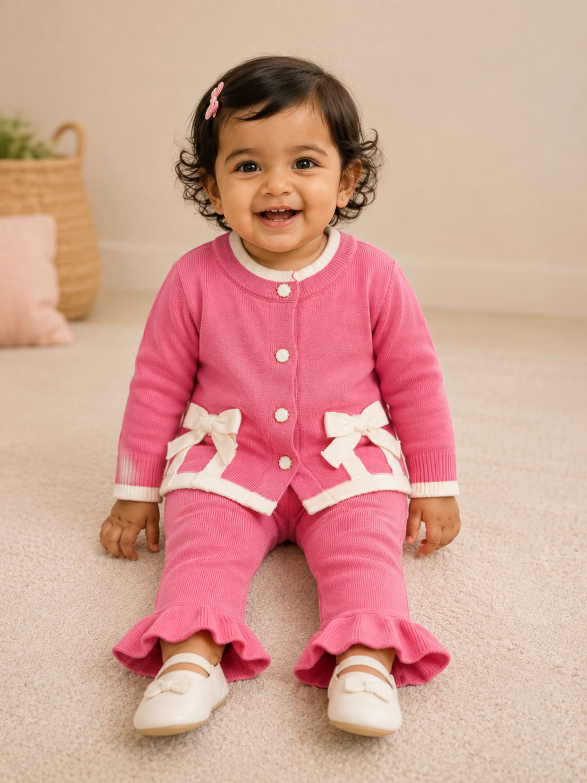 PEPPY ORANGE Baby Girls Pink Knitted Cardigan & Ruffle Pants Set | 2-Piece Winter Outfit
