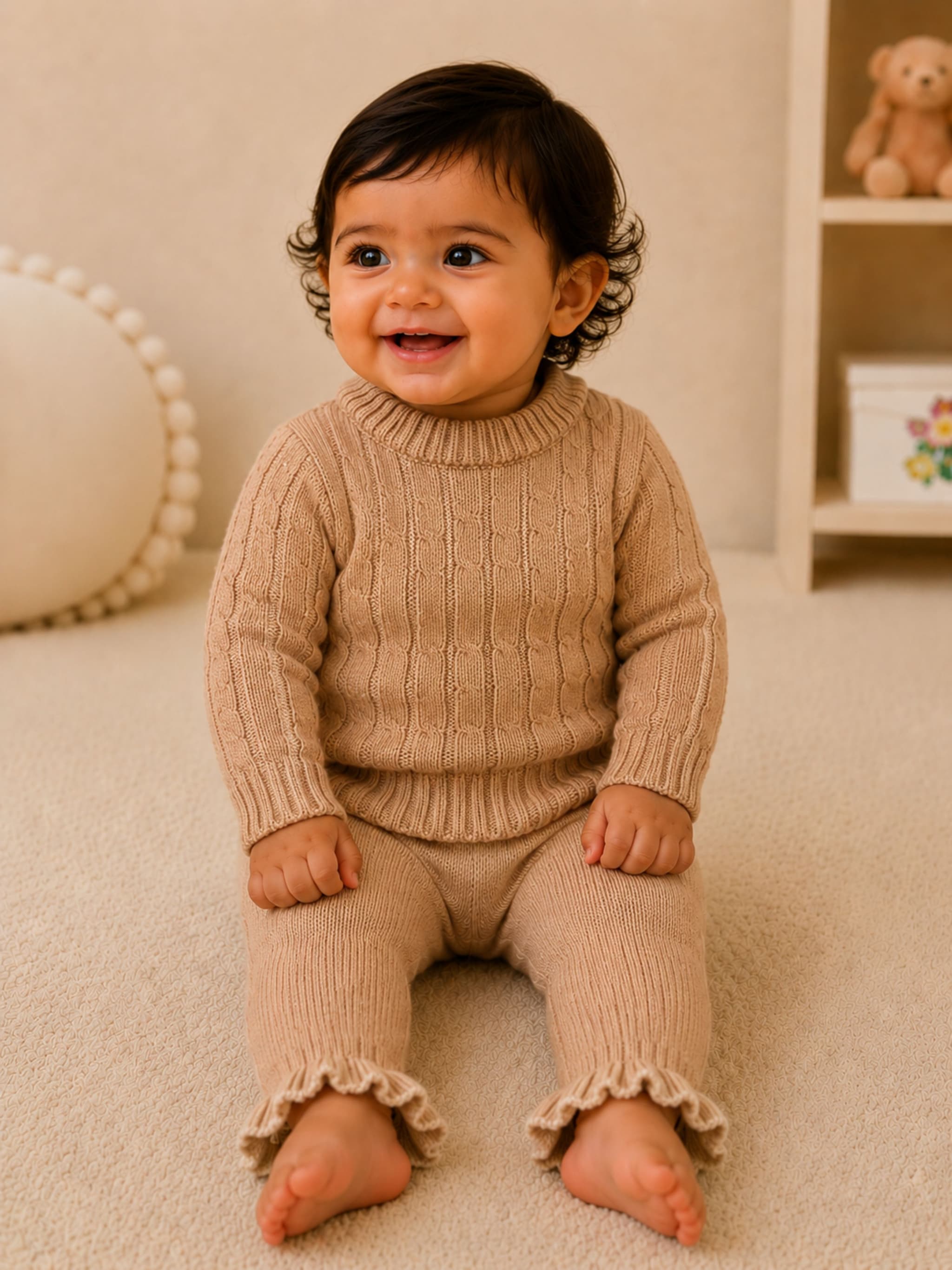 PEPPY ORANGE Baby Wool Girls Beige Cable Knit Sweater & Ruffle Pants Set | 2-Piece Winter Outfit