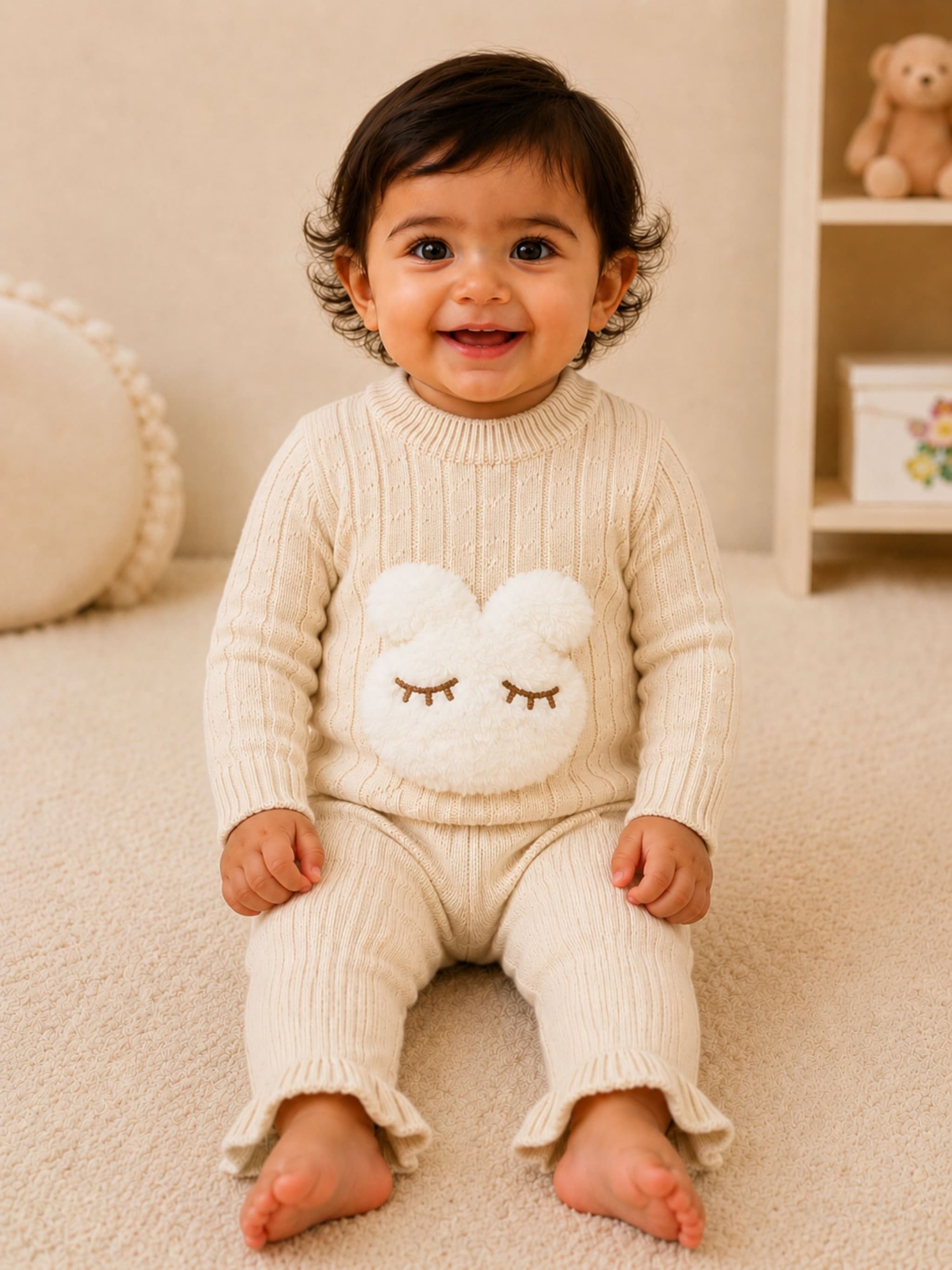 PEPPY ORANGE Baby Girls Ivory Wool Teddy Patch Sweater & Pant Set | 2-Piece Knitted Winter Outfit