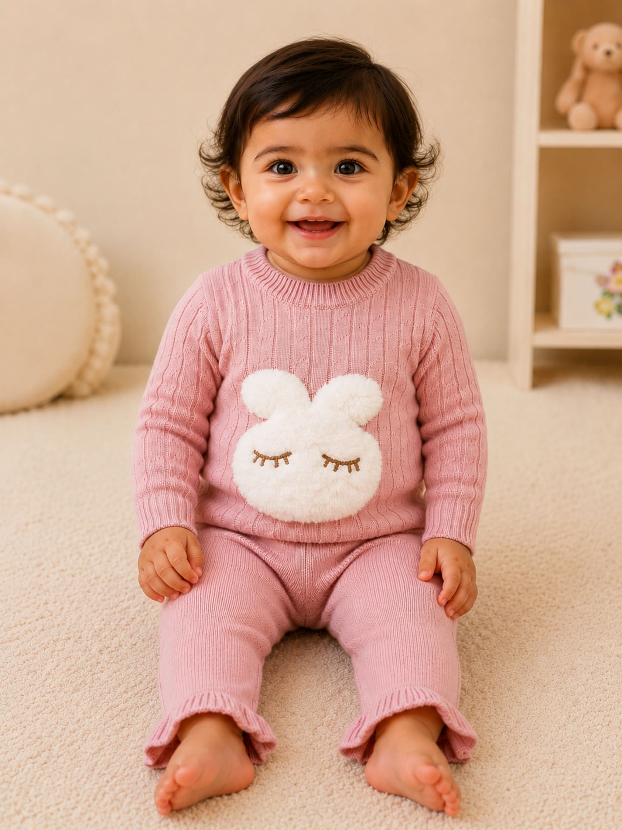 PEPPY ORANGE – Baby Girls Pink Teddy Patch Woollen 2-Piece Set