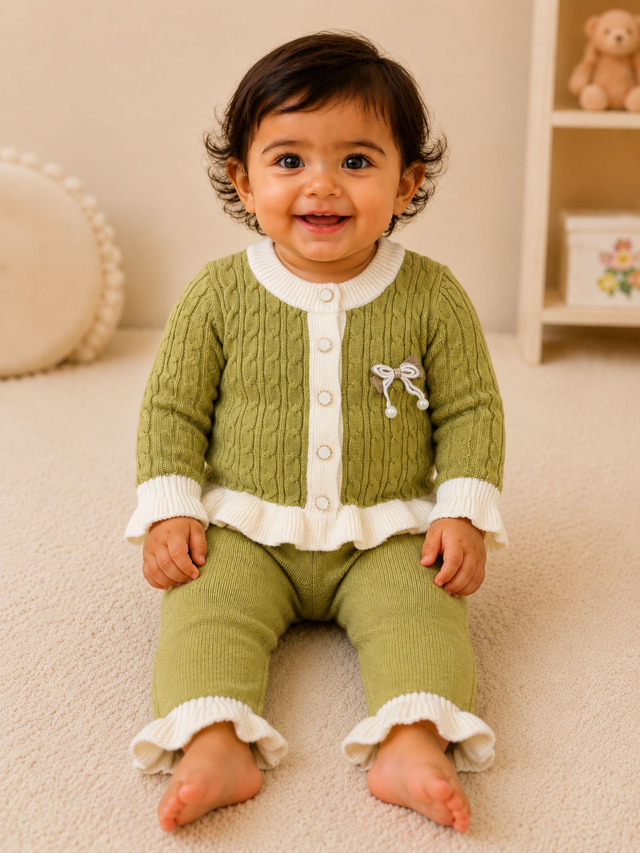 PEPPY ORANGE Baby Girls Olive Green Woollen Cardigan & Pant Set | 2-Piece Winter Outfit with Bow Detailing