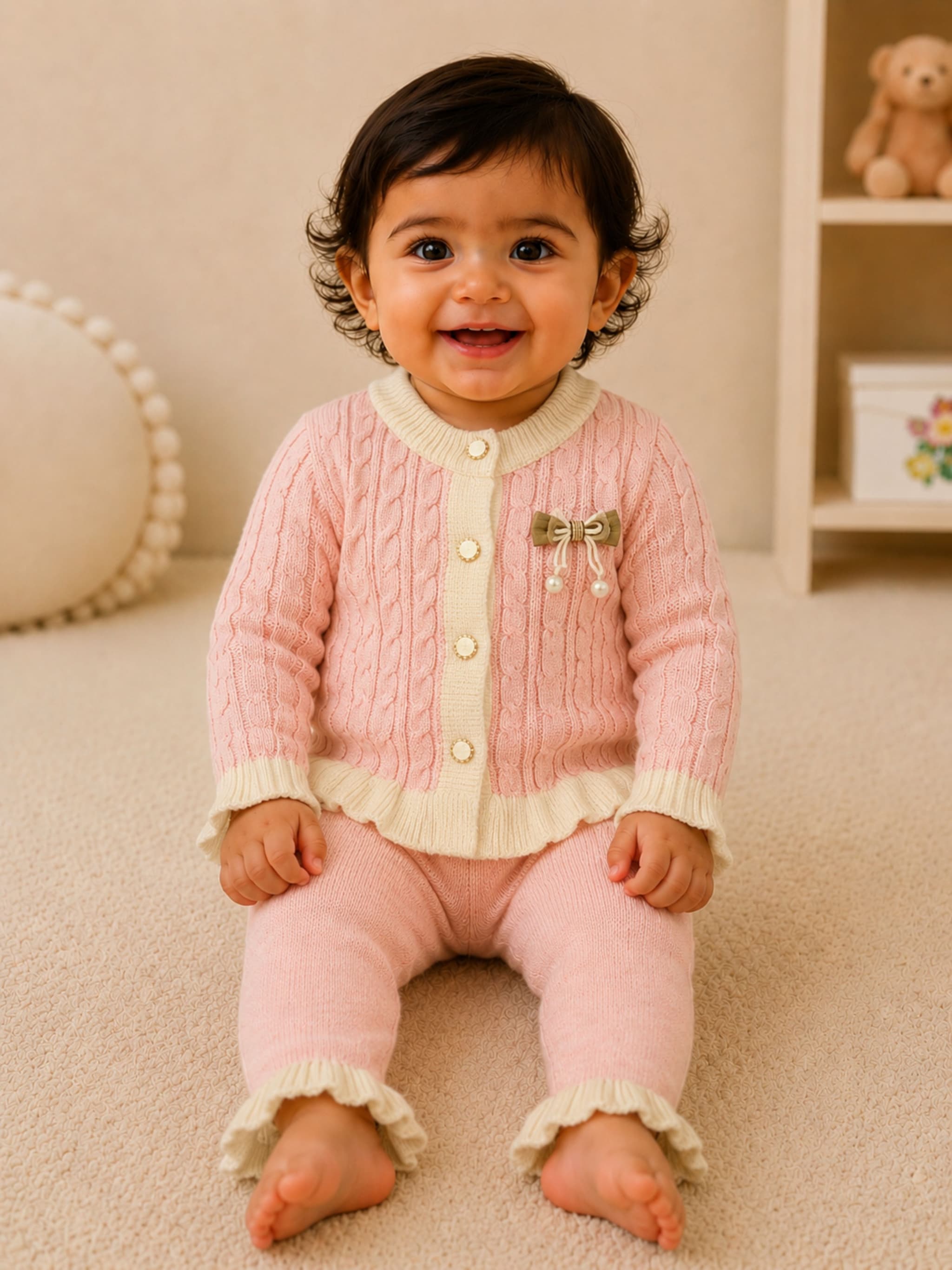 PEPPY ORANGE Baby Girls Pink Woollen Cardigan & Pant Set | 2-Piece Cable Knit Winter Outfit with Bow & Ruffle Detailing