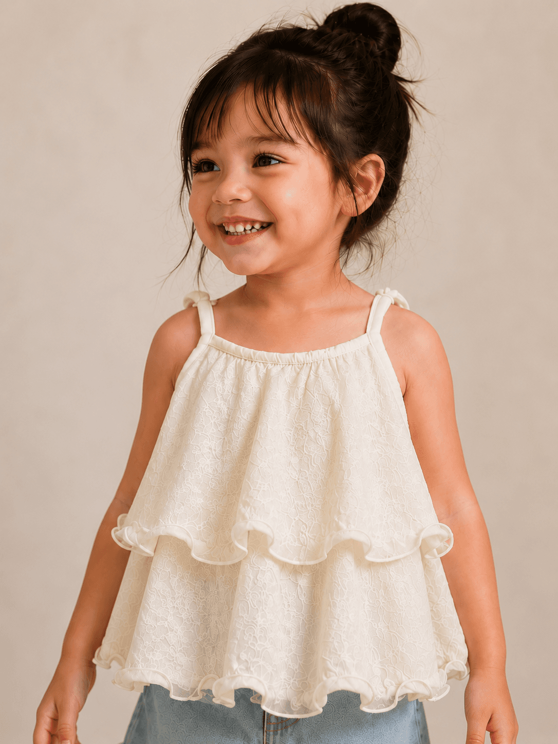Beige Solid Sleeveless Baby Girls Relaxed Fit Frill Top