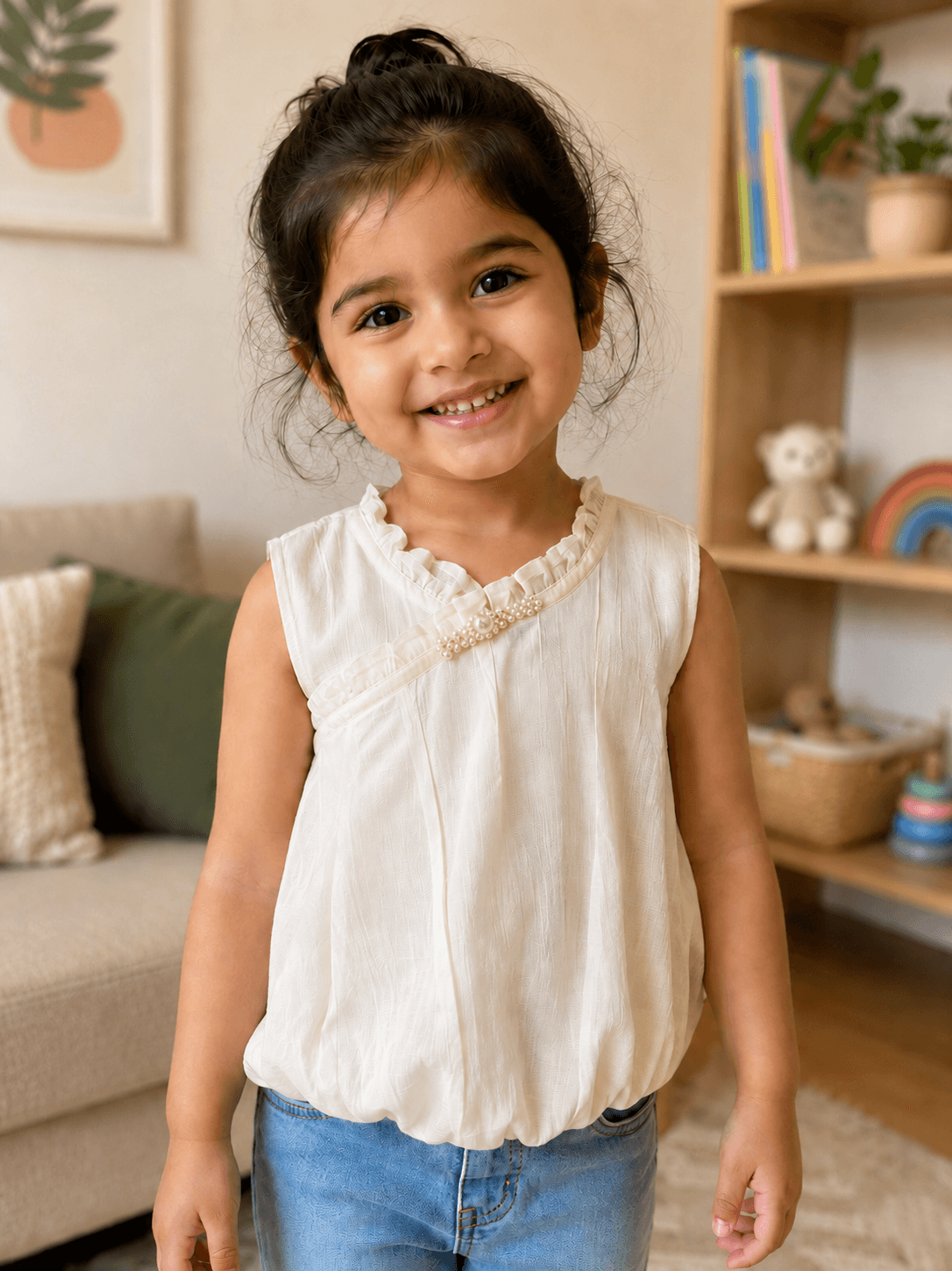 Baby Girls Sleeveless Textured Dress Top – Beige & Green